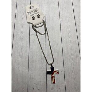 Iris Fashion Jewelry Patriotic Cross Necklace Earring Set 2 Pieces